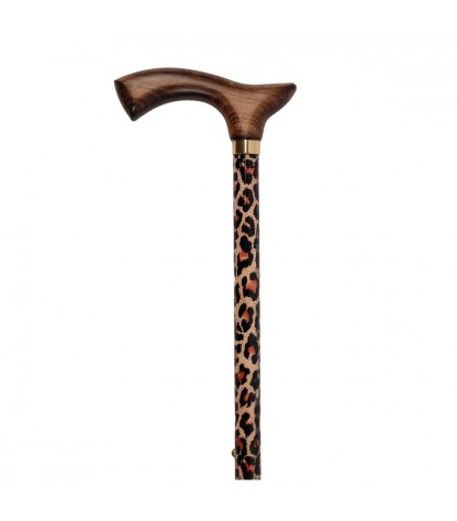 Canne de marche pharmacie pour femme, motif léopard, poignée en bois.