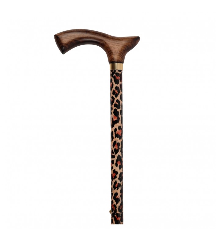 Canne de marche pharmacie pour femme, motif léopard, poignée en bois.