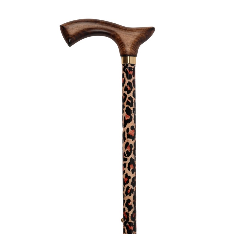 Canne de marche pharmacie pour femme, motif léopard, poignée en bois.