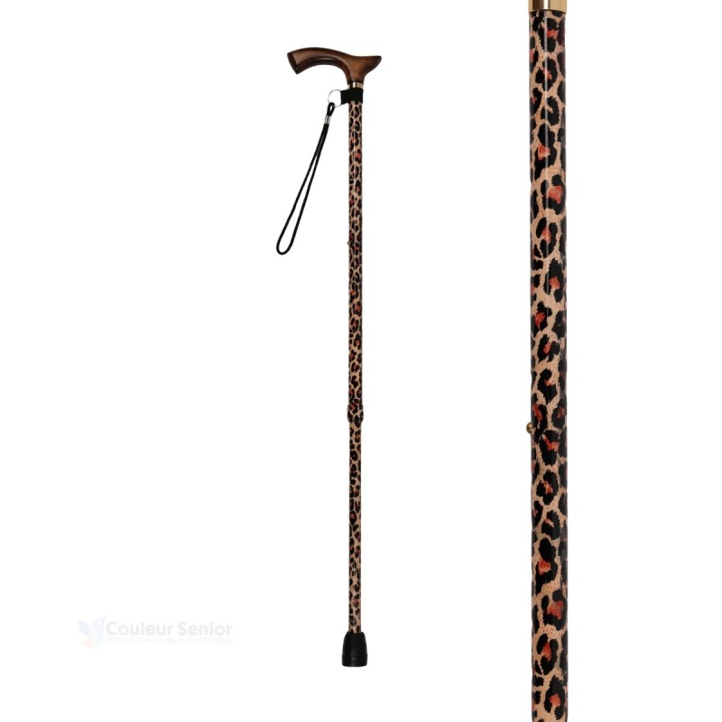 Canne de marche réglable pour femme, motif léopard audacieux, poignée en bois. Remboursable Sécu.