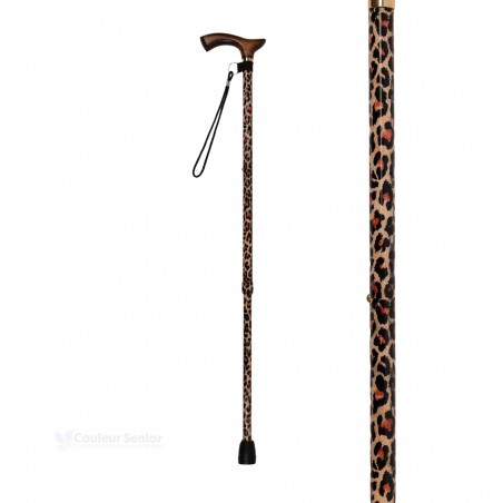 Canne de marche réglable pour femme, motif léopard audacieux, poignée en bois. Remboursable Sécu.