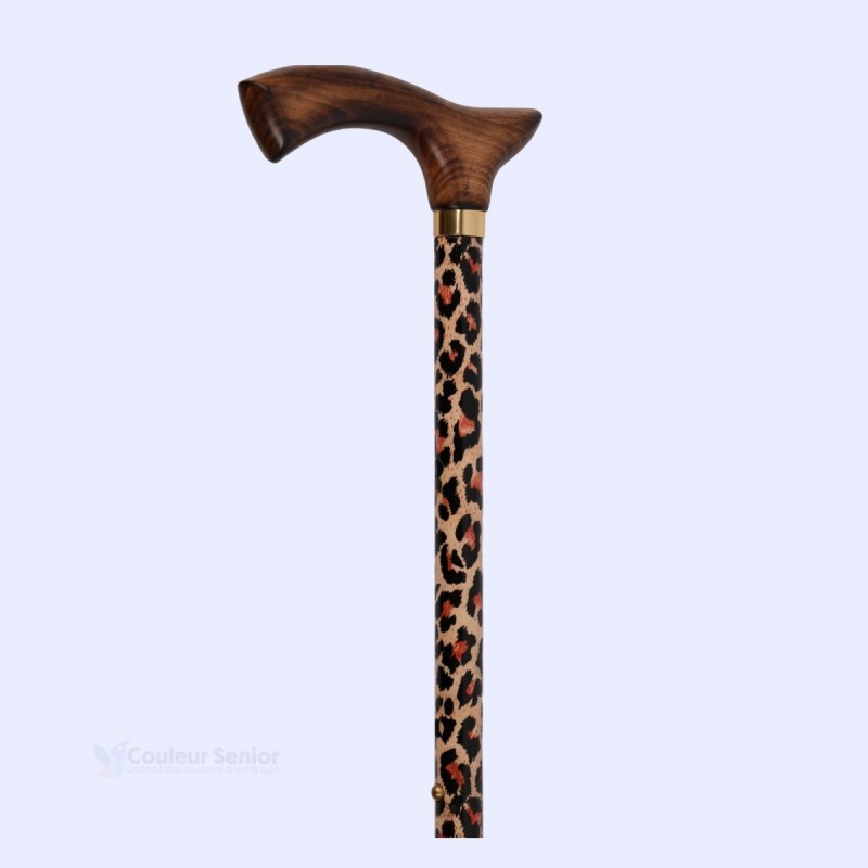 Contraste poignée en bois et mât léopard. Canne de marche réglable pour seniors, remboursable par la Sécu.