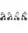 Les 4 coloris du Rollz Motion alignés : noir mat, bleu, blanc brillant et pourpre foncé, en mode déambulateur