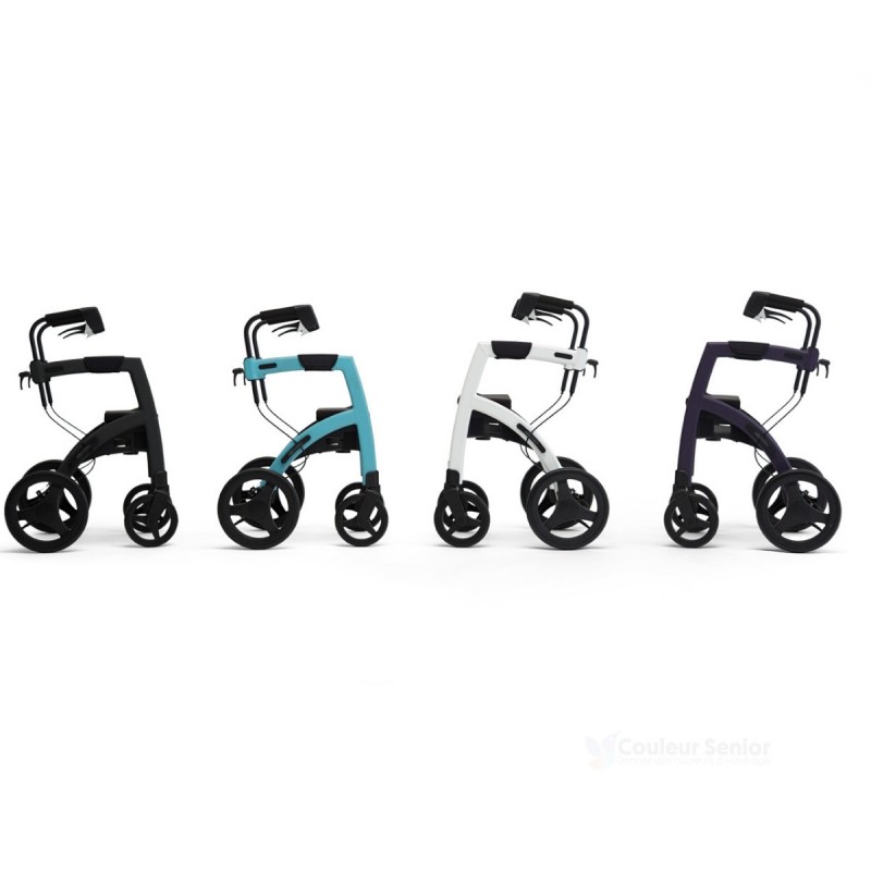 Les 4 coloris du Rollz Motion alignés : noir mat, bleu, blanc brillant et pourpre foncé, en mode déambulateur