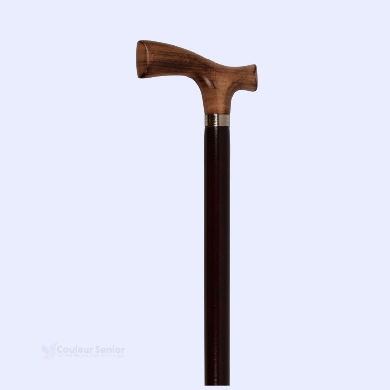 Angle 45 degrés canne de marche en bois bicolore, éligible au remboursement par la Sécu.