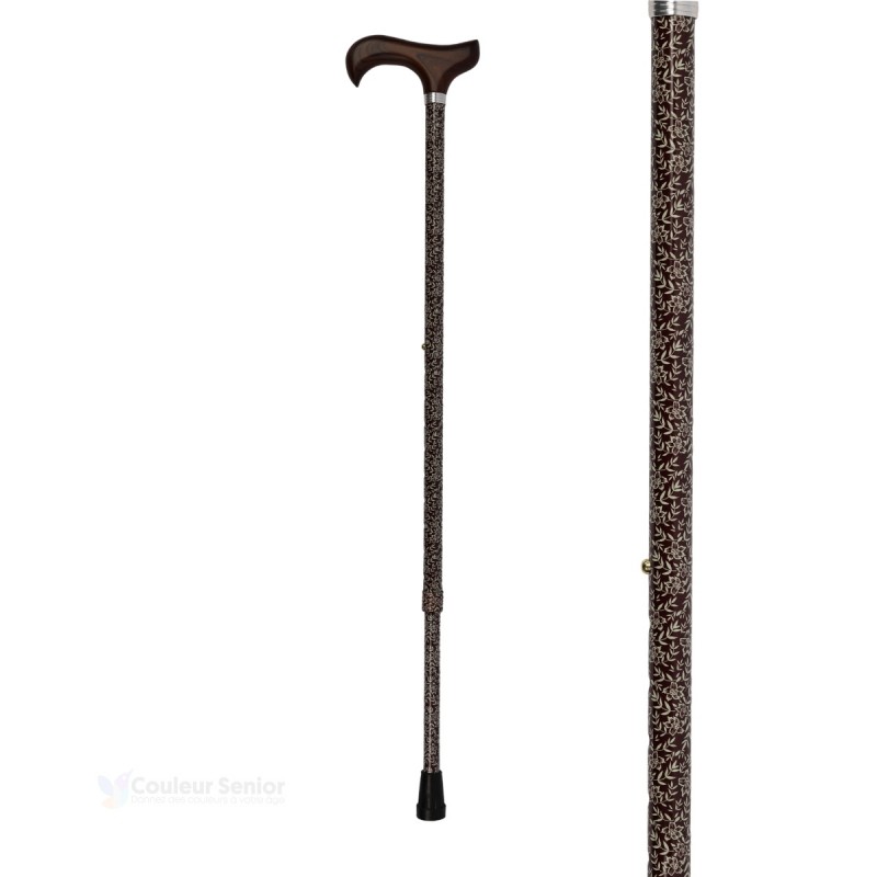 Canne de marche pour femme, motif de feuilles marron. Un design sobre, féminin et en aluminium marron.