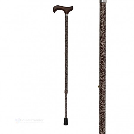 Canne de marche pour femme, motif de feuilles marron. Un design sobre, féminin et en aluminium marron.