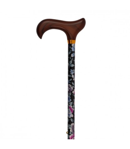 Canne de marche réglable pour femme, motif de fleurs noires, poignée en bois. Éligible au remboursement par la Sécu.