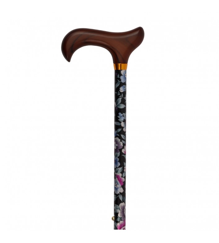Canne de marche réglable pour femme, motif de fleurs noires, poignée en bois. Éligible au remboursement par la Sécu.