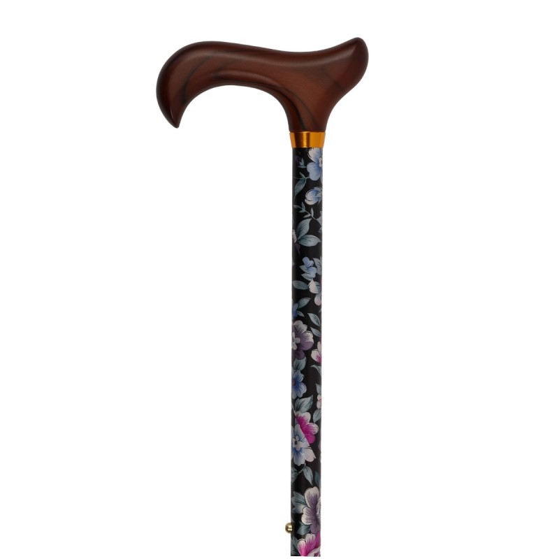 Canne de marche réglable pour femme, motif de fleurs noires, poignée en bois. Éligible au remboursement par la Sécu.