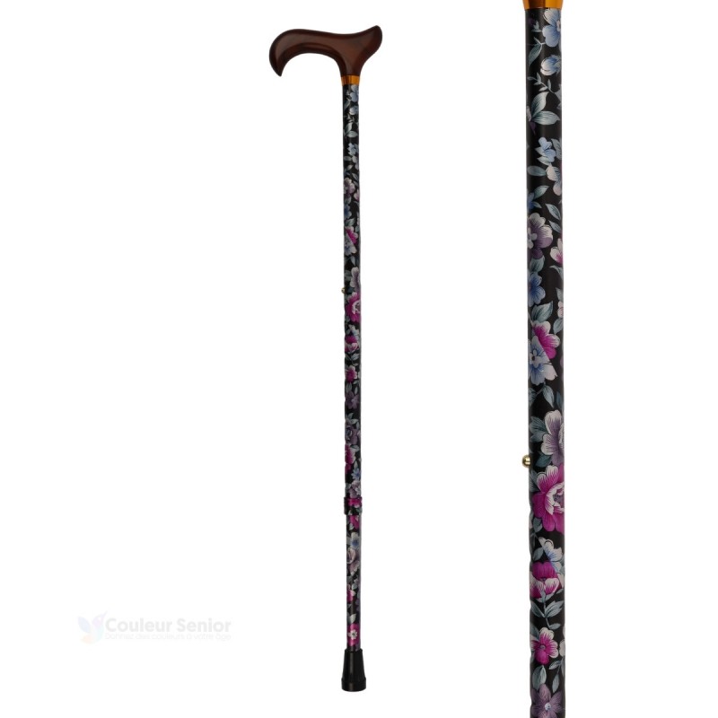 Élégante canne de marche pour femme en aluminium. Poignée Derby en bois, design de luxe très féminin.