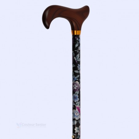 Poignée Derby en bois sur canne de marche pour femme de luxe. Tube floral en aluminium, élégant et féminin.