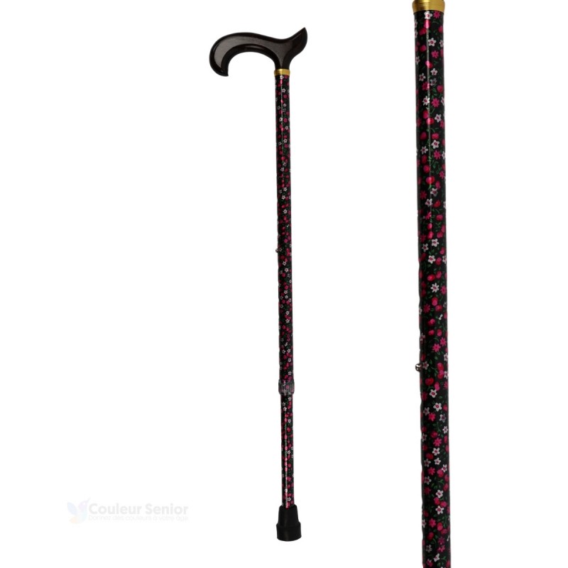 Canne de marche réglable pour femme, motif floral rose sur fond noir. Rapport qualité-prix .