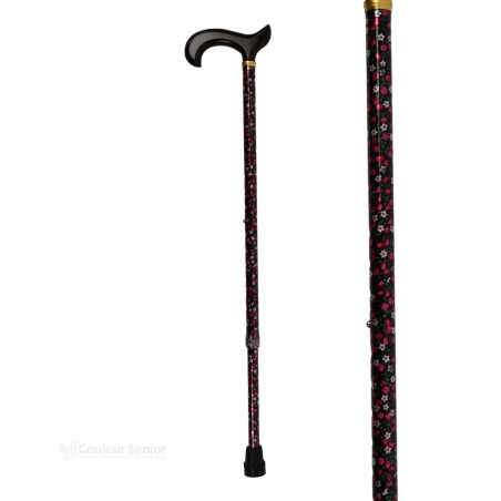 Canne de marche réglable pour femme, motif floral rose sur fond noir. Rapport qualité-prix .