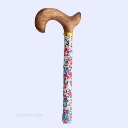 Poignée Derby en bois flammé artisanal à 45°. Canne de marche pour femme simple, en aluminium, style féminin.