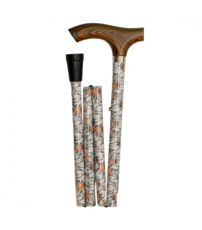Canne de marche pliable et réglable de fleurs blanche avec poignée en bois, idéale pour une femme élégante et discrète.