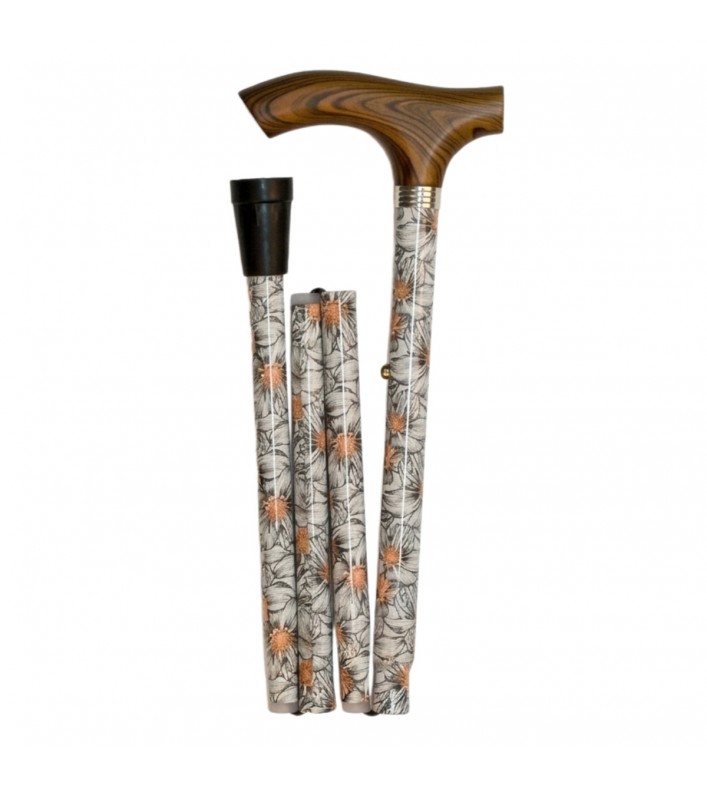 Canne de marche pliable et réglable de fleurs blanche avec poignée en bois, idéale pour une femme élégante et discrète.