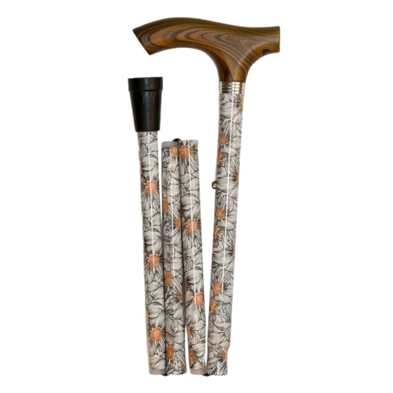 Canne de marche pliable et réglable de fleurs blanche avec poignée en bois, idéale pour une femme élégante et discrète.