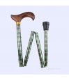 Canne de marche pliable, avec poignée en bois Derby, motif en tartan écossais vert. Éligible au remboursement par la Sécu.