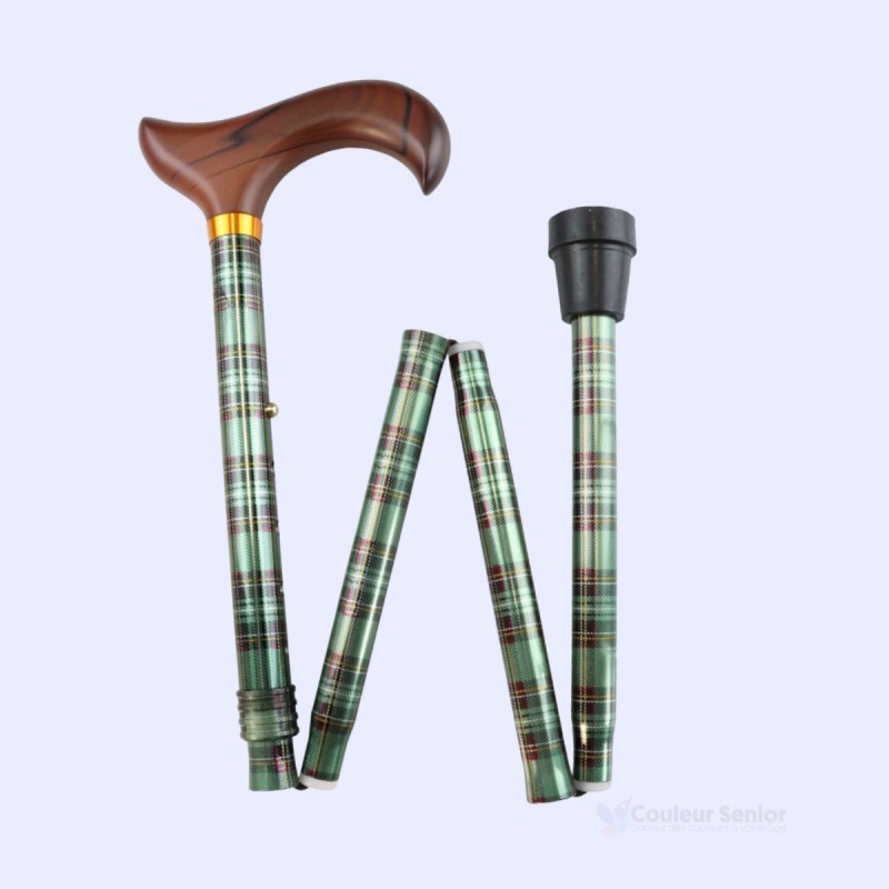 Canne de marche pliable, avec poignée en bois Derby, motif en tartan écossais vert. Éligible au remboursement par la Sécu.