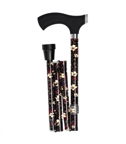 Canne de marche pliante noire à motif floral, poignée souple. Idéal pour offrir en cadeau à la mère ou à une femme.