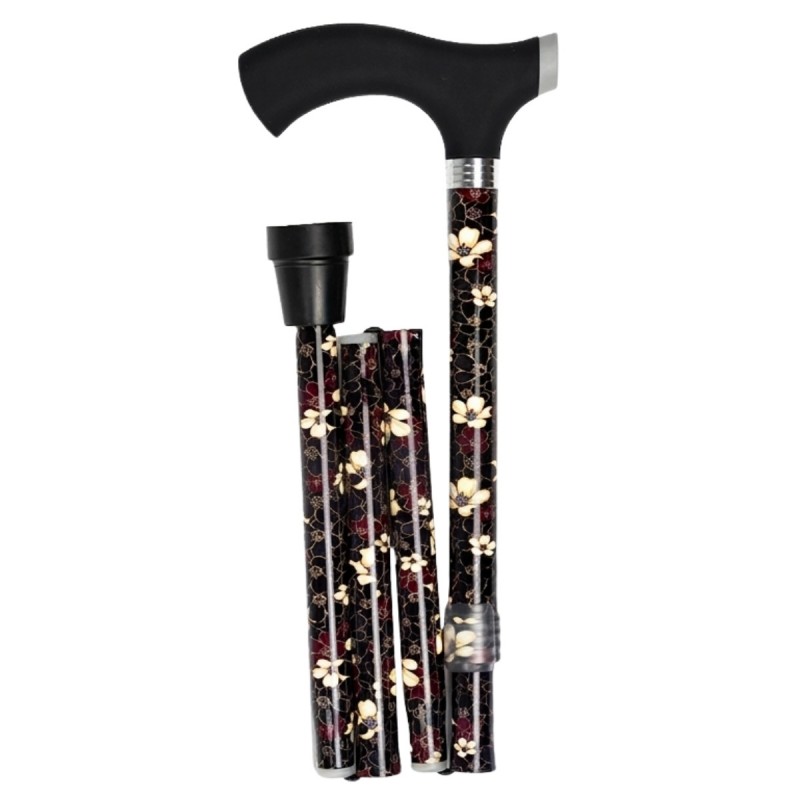 Canne de marche pliante noire à motif floral, poignée souple. Idéal pour offrir en cadeau à la mère ou à une femme.