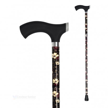 Canne de marche noire avec des fleurs blanches et une poignée Fritz douce au toucher. Produit de qualité.