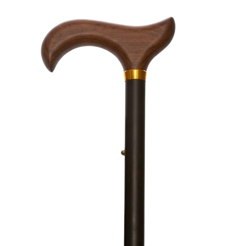 Canne de marche pliante noire avec une magnifique poignée en bois. Éligible au remboursement par la Sécu.