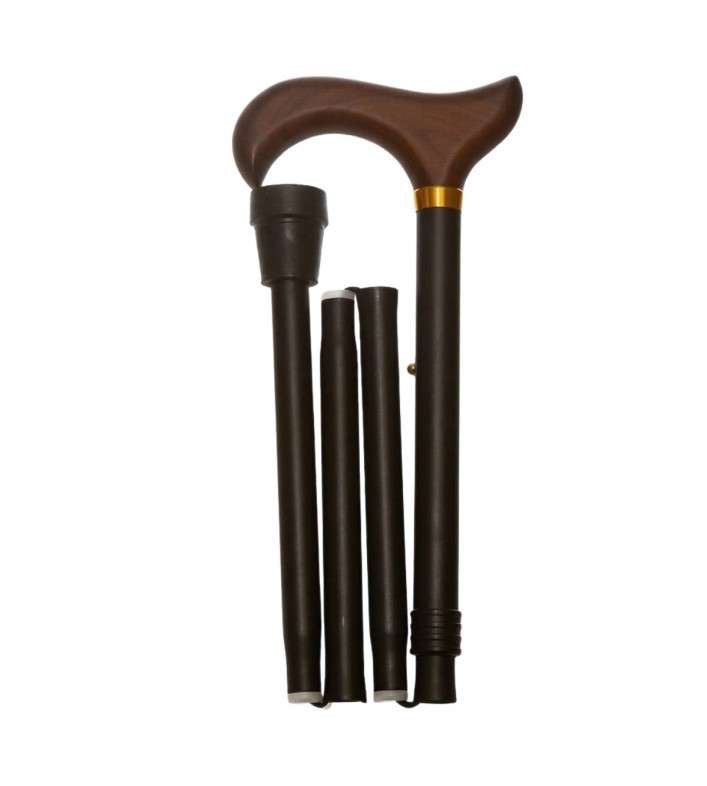 Canne de marche pliante noire avec poignée Derby en bois. Un classique par sa simplicité, sa discrétion et son côté pratique.