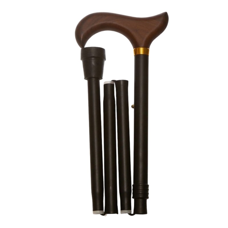 Canne de marche pliante noire avec poignée Derby en bois. Un classique par sa simplicité, sa discrétion et son côté pratique.