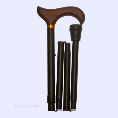 Canne de marche pliable et réglable noire avec poignée Derby en bois. Idéal pour offrir en cadeau à la mère ou au père.