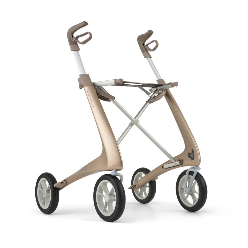 Déambulateur 4 roues Carbon Ultralight ACRE or déplié trois quarts avec siège et poignées