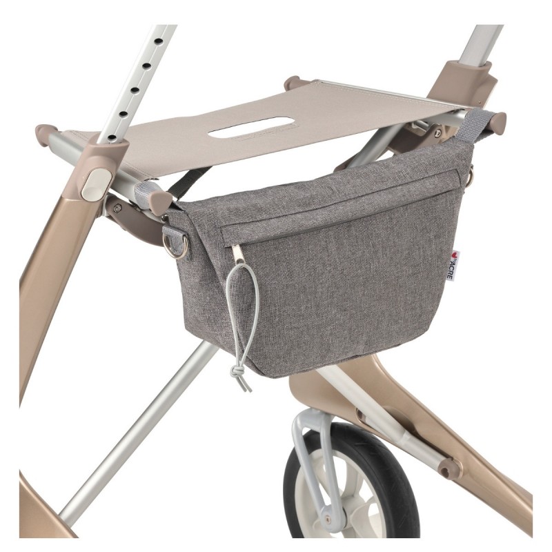 Sac gris fixé sous le siège du déambulateur 4 roues Carbon Ultralight ACRE or champagne