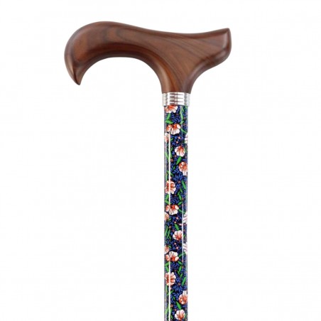 Canne de marche réglable, motif fleuri, poignée en bois Derby, finition brillante. Idéal pour une femme.