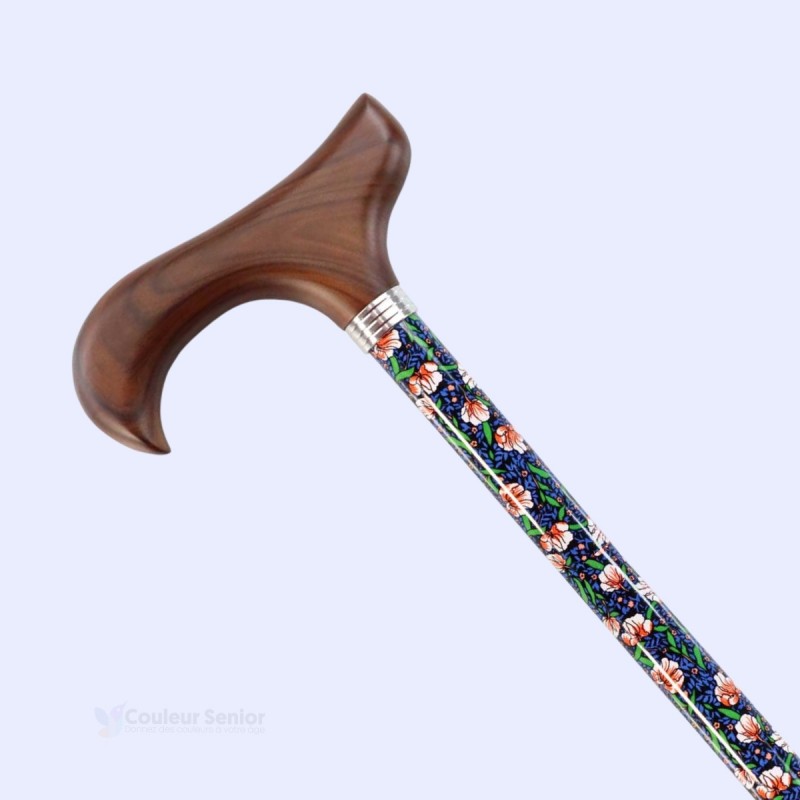 Canne de marche réglable féminine, motif fleuri, poignée en bois Derby. Éligible au remboursement par la Sécu.
