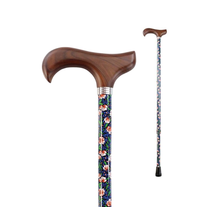Canne de marche réglable, motif fleuri, poignée en bois Derby. Idéal pour offrir en cadeau à la mère ou à une femme.