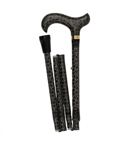 Canne de marche pliable à poignée Derby noire, motif graphique à petits points, pour femme. Remboursable par la Sécu.