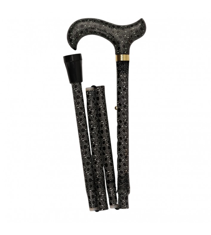 Canne de marche pliable à poignée Derby noire, motif graphique à petits points, pour femme. Remboursable par la Sécu.