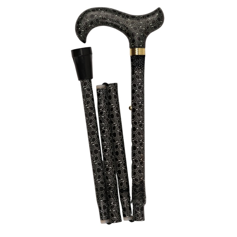 Canne de marche pliable à poignée Derby noire, motif graphique à petits points, pour femme. Remboursable par la Sécu.