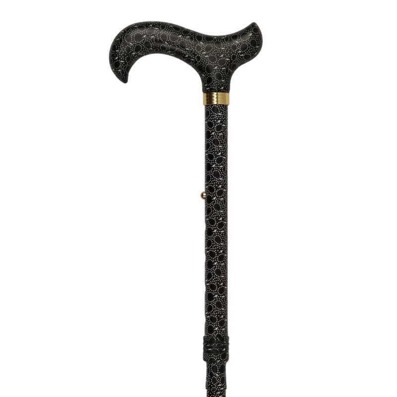 Poignée Derby élégante de face pour cette canne de marche noire à motifs, de belle qualité.
