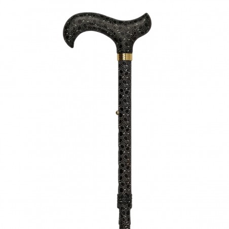 Poignée Derby élégante de face pour cette canne de marche noire à motifs, de belle qualité.