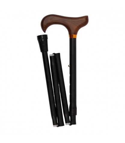 Canne de marche senior noire unie, vue pliée à gauche. Un modèle discret et de haute qualité.