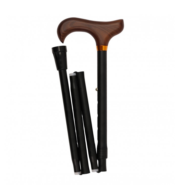 Canne de marche senior noire unie, vue pliée à gauche. Un modèle discret et de haute qualité.