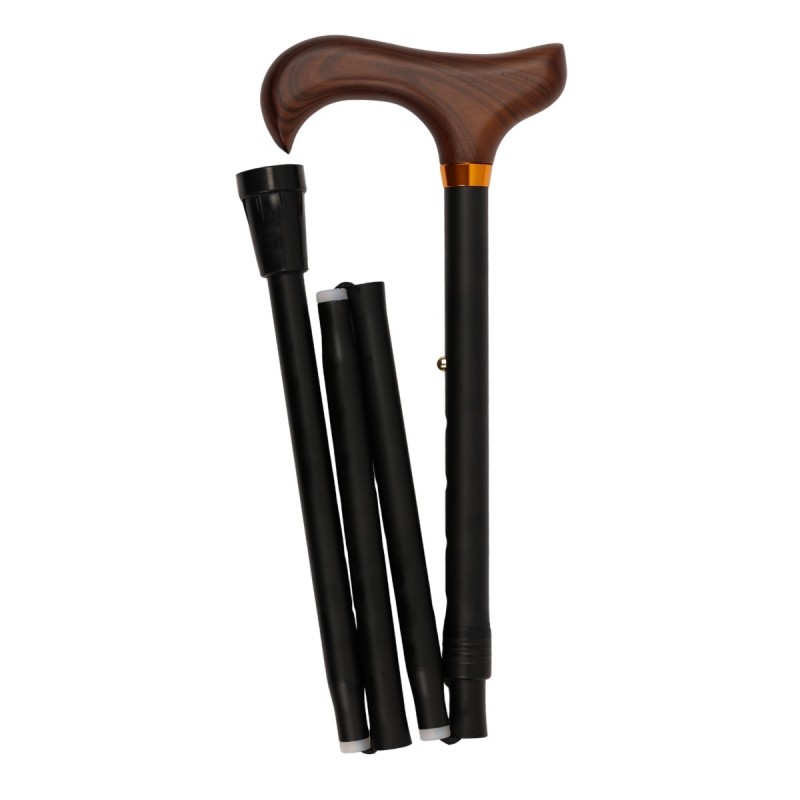 Canne de marche senior noire unie, vue pliée à gauche. Un modèle discret et de haute qualité.