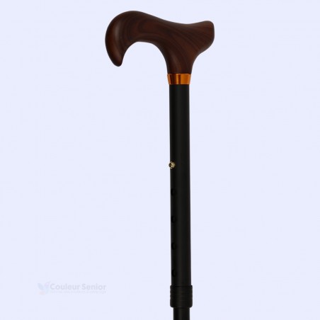 Vue à 45 degrés de la canne de marche noire réglable. Un accessoire de mobilité très élégant.