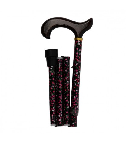 Canne de marche pliable en aluminium noir à fleurs, avec poignée en bois. Un beau cadeau original pour femme.