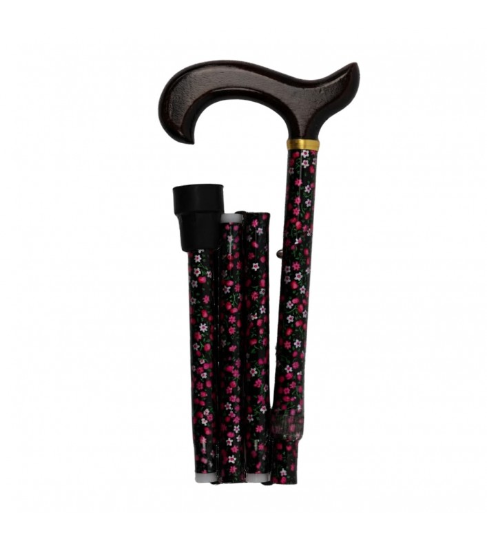 Canne de marche pliable en aluminium noir à fleurs, avec poignée en bois. Un beau cadeau original pour femme.