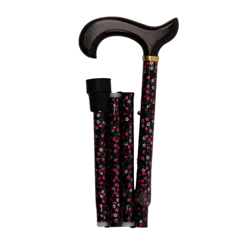 Canne de marche pliable en aluminium noir à fleurs, avec poignée en bois. Un beau cadeau original pour femme.