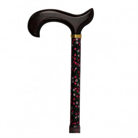 Poignée Derby en bois foncé de face, canne de marche à fleurs. Qualité et confort pour seniors.