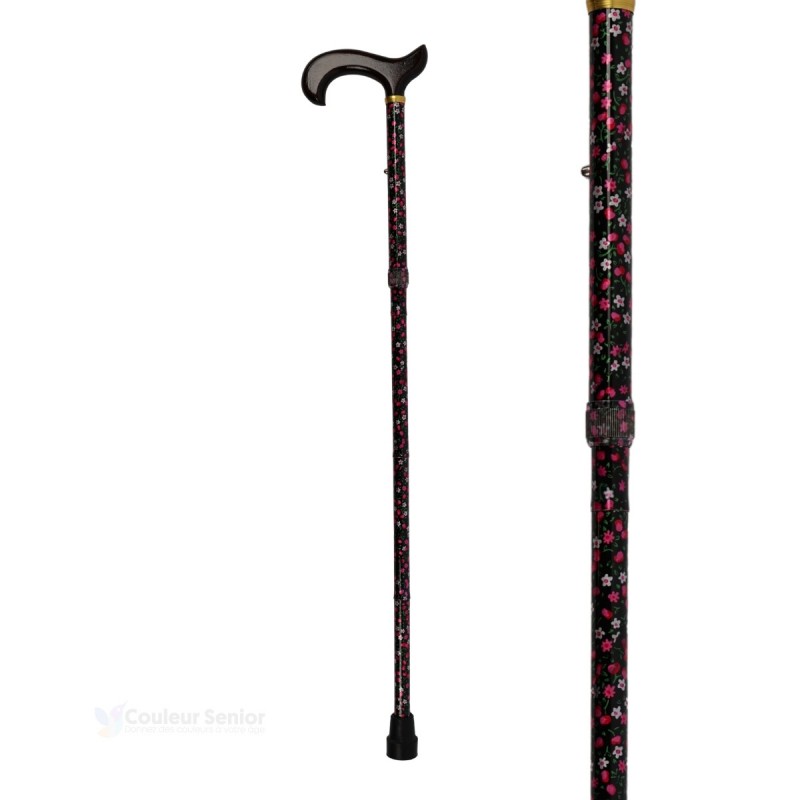 Canne de marche senior noire à motifs floraux entiers. Éligible au remboursement de la Sécu.